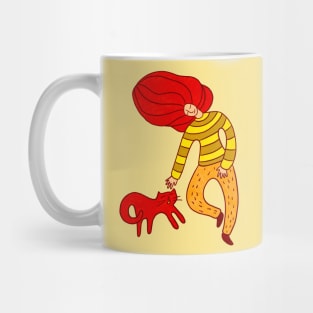 Cool girl with red hair and red cat walking, version 1 Mug